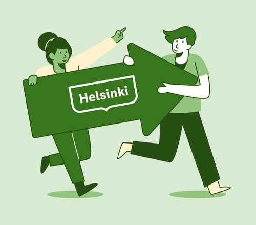 Characters running with Helsinki sign